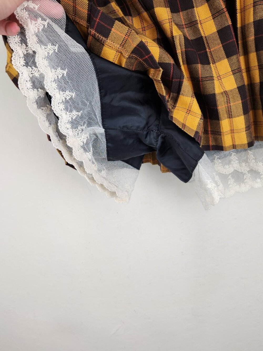 Cupop Japan Yellow Brown Plaid Lace Trim Pleated Mini Skirt Skort sz M - Picture 4 of 11